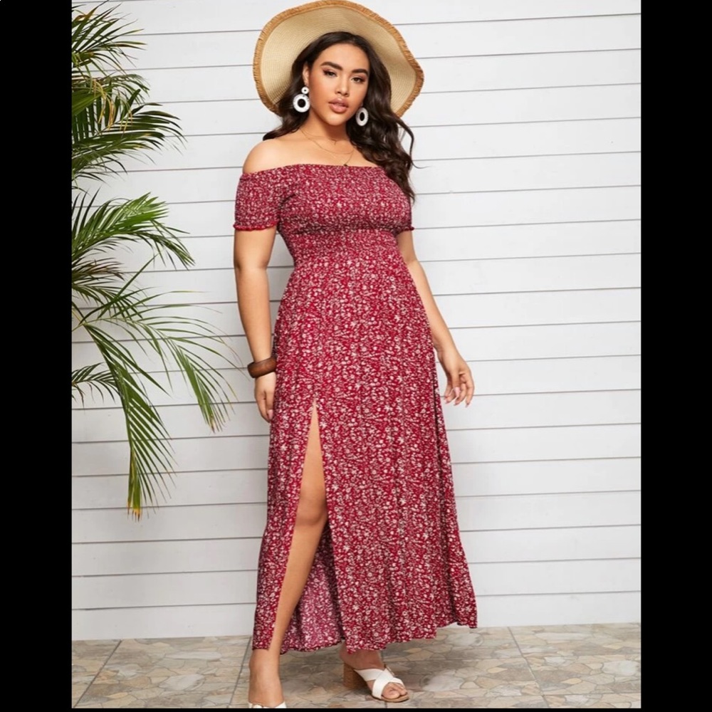 Red off shoulder shirred split daisy dress